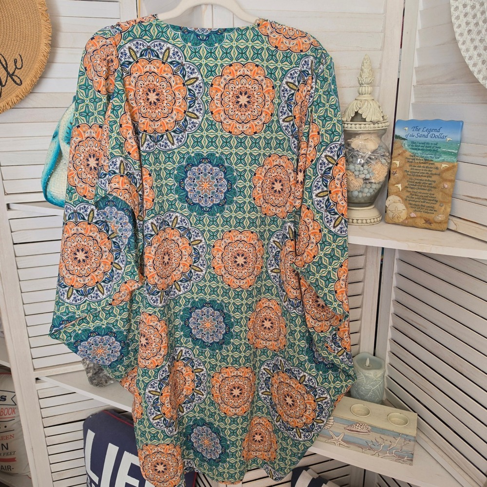 Umgee XL Boho Mandala Kimono Cardigan Orange Teal Open Front Duster XL - Picture 6 of 6